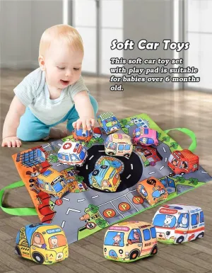 10 PCS Toddler Early Learning Toys for 1-3 Years Old Baby Gift Cloth Plush Vehicles Toys Set with Playmat Map Storage Bag.