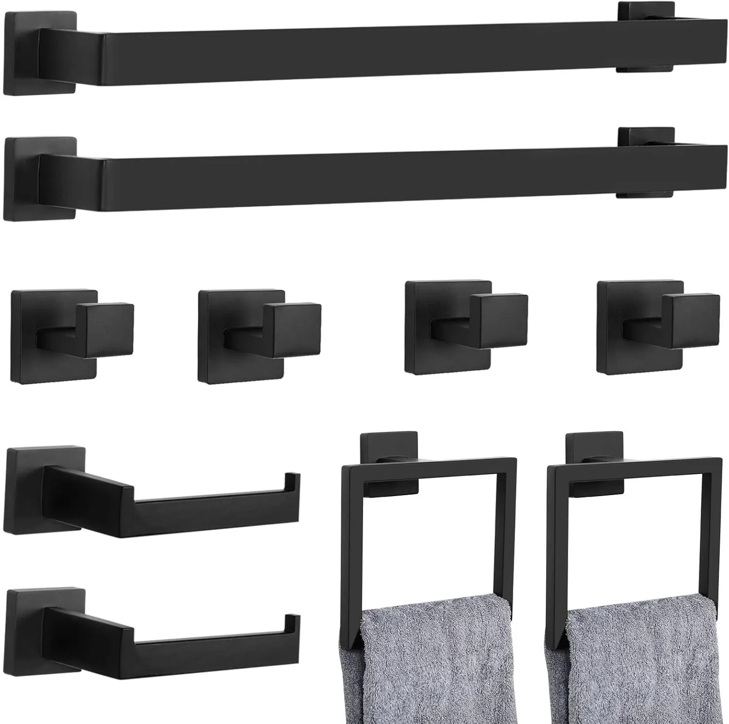 10-Piece Matte Black Bathroom Hardware Set Towel Bar Set for Bathroom Include 24 inch Towel Bar Towel Ring TP Holder Coat Hooks Stainless Steel Wall Mounted Towel Holder Set