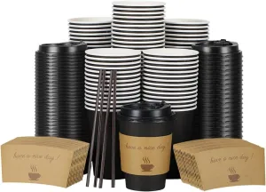 100 pack 12 oz Thickened Coffee Cups with Lids, Scald Resistant Hot Cups with Sleeve and Straw, To Go Coffee Cups for Home, Office, Cafes and Party (Black 12oz)