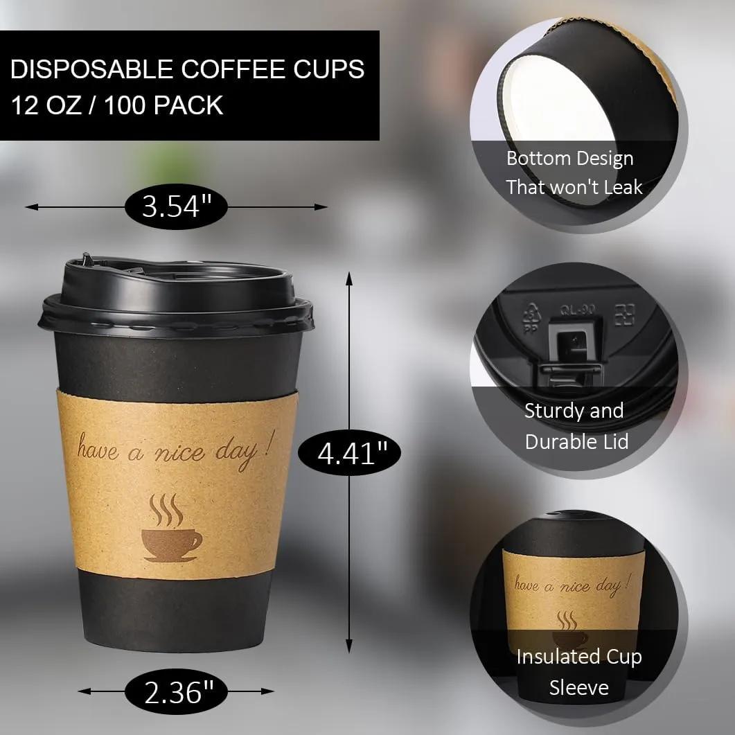 100 pack 12 oz Thickened Coffee Cups with Lids, Scald Resistant Hot Cups with Sleeve and Straw, To Go Coffee Cups for Home, Office, Cafes and Party (Black 12oz)