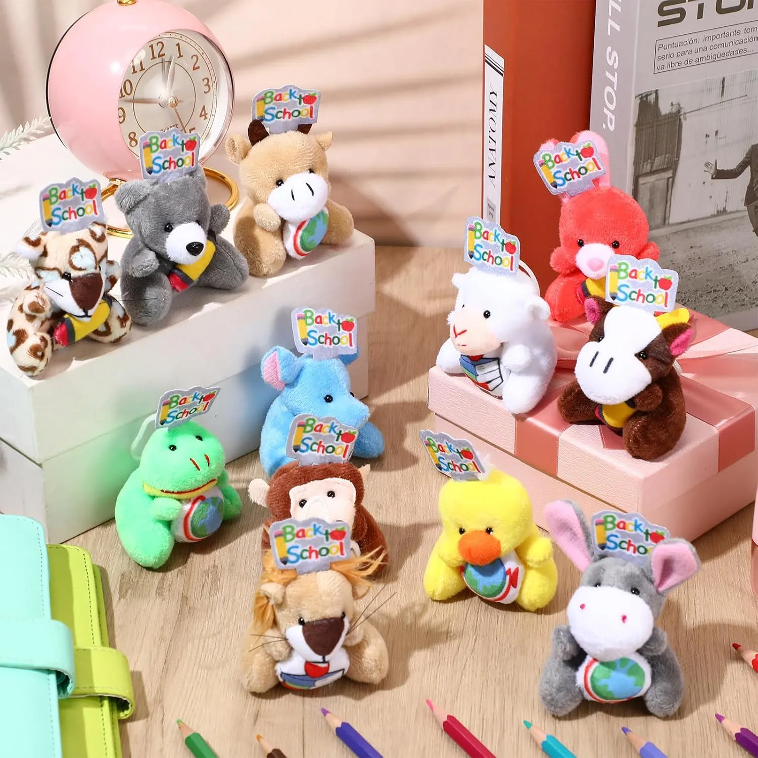12 Pcs Back to School Small Stuffed Animal Bulk Mini Plush Animal Toys Cute Plushies Keychain Toy for Party Favors Goodie Bag Filler Exchange Gifts Carnival Prizes