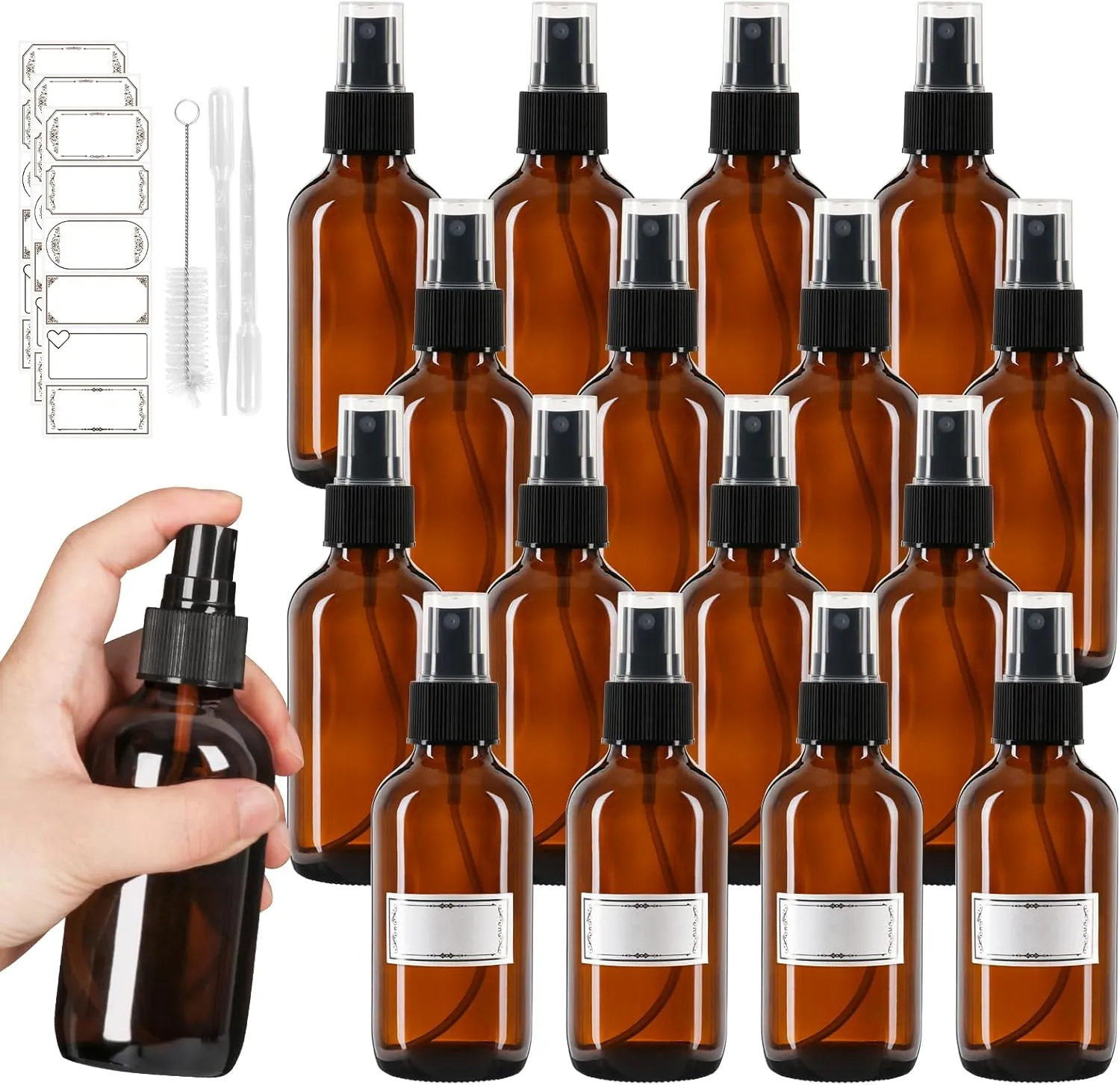 120ml Glass Spray Bottles with Fine Mist Sprayer 16Pack, Small Amber Glass Spray Bottles 4 oz for Perfumes,Cleaning Products,Pet Spray (4fl.oz, Set of 16)