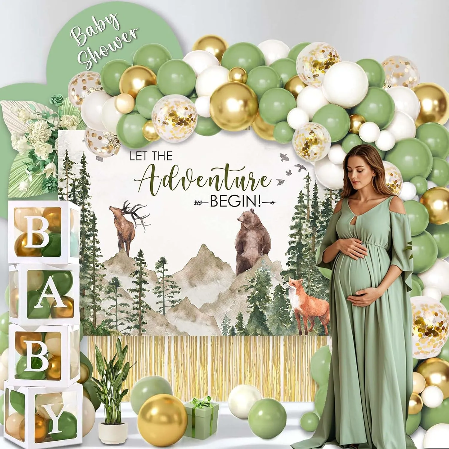140PCS Let The Adventure Begin Baby Shower Decorations, Woodland Mountain Baby Shower Supplies, Sage Green Balloon Garland Kit, BABY Boxes, Backdrop Banner