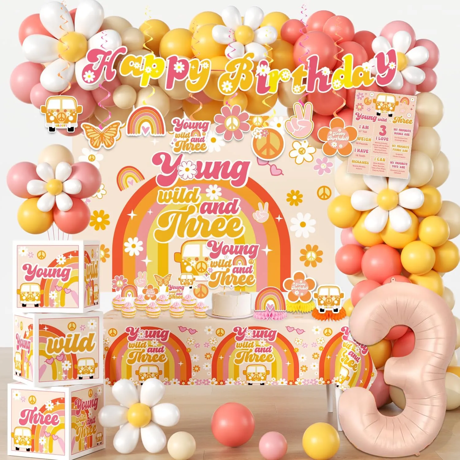 146pcs Young Wild and Three Party Decorations, Boho Groovy Daisy 3rd Birthday Decorations for Girls Include Backdrop Balloon Garland Banner Hanging Tablecloth Cake Topper Balloon Box Poster, Etc