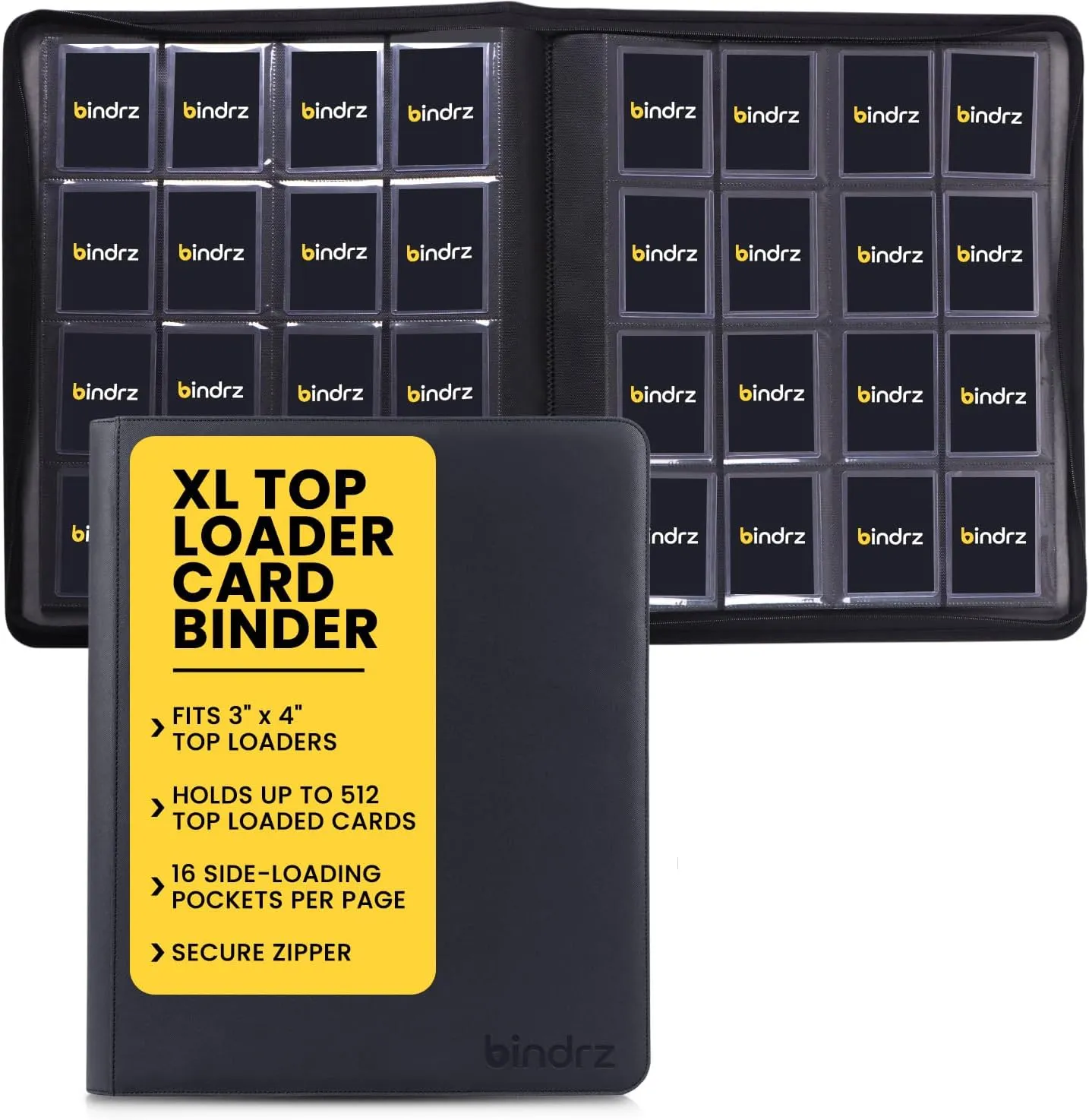 16 Pocket XL Top Loader Binder - Holds 512 Toploaders - Archival Safe Ringless Zipper Album - Side Loading Pockets for CCG TCG MTG and Sports Cards in Plastic Holders