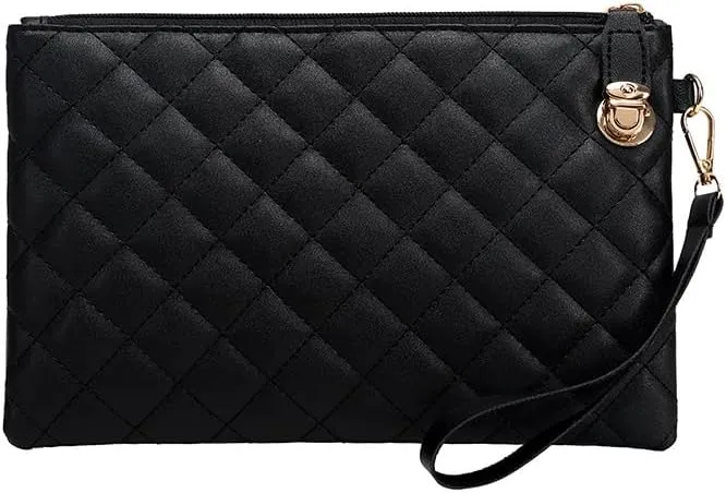 1pcs Quilted Wristlet Purse for Women Vegan Leather Wristlet Pouch Zip Clutch Bag Black Wristlet Evening Clutch Purse