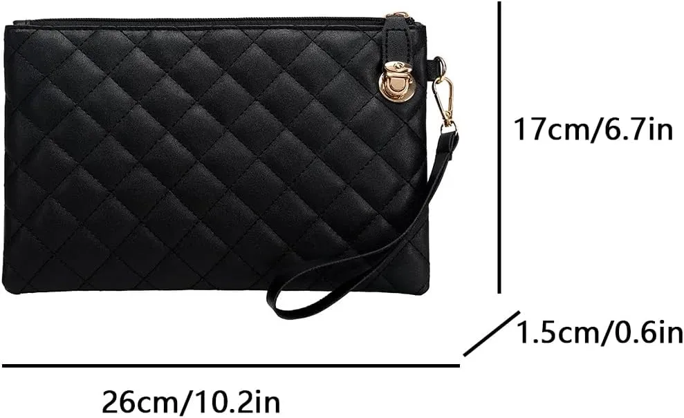 1pcs Quilted Wristlet Purse for Women Vegan Leather Wristlet Pouch Zip Clutch Bag Black Wristlet Evening Clutch Purse