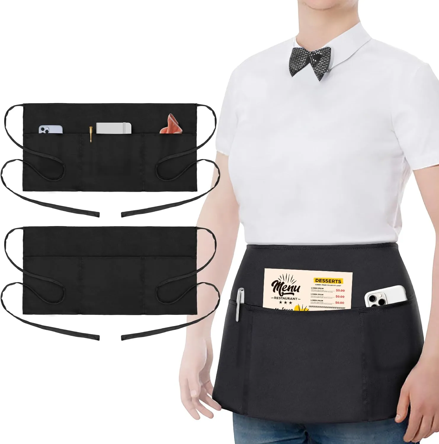 2 Pack Waist Apron with 3 Pockets - Water & Oil Resistant - Black Waitress Apron - Half Aprons for Women, 12 Inch Server Apron with Pocket - Black Aprons for Servers - Waitress Apron with Pockets