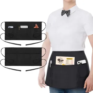 2 Pack Waist Apron with 3 Pockets - Water & Oil Resistant - Black Waitress Apron - Half Aprons for Women, 12 Inch Server Apron with Pocket - Black Aprons for Servers - Waitress Apron with Pockets
