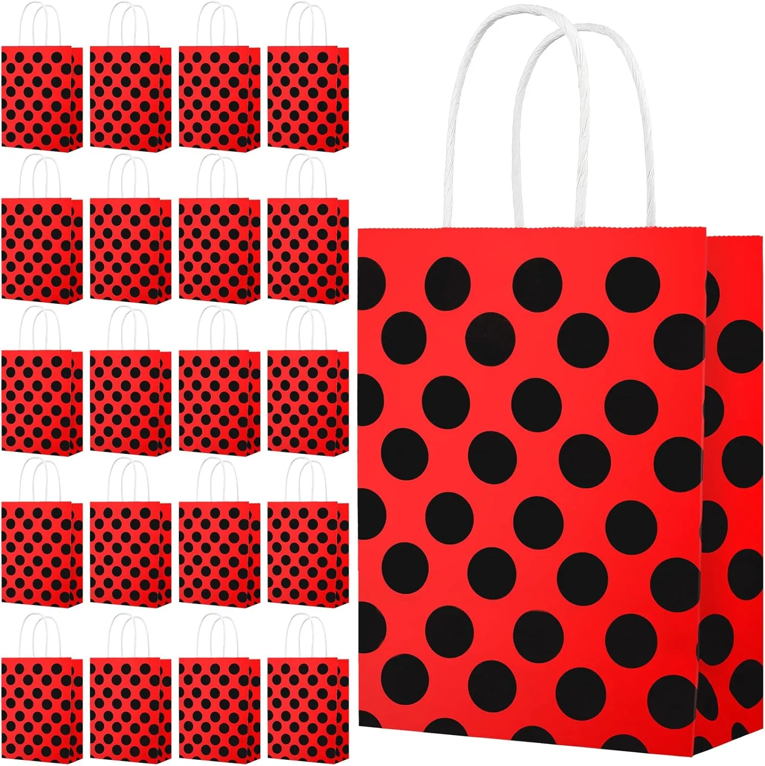 20 Pack Ladybug Party Bags Ladybug Candy Bag with Handle Red Black Polka Dots Bags for Party Wedding Birthday Baby Shower 7.1 x 8.66 in
