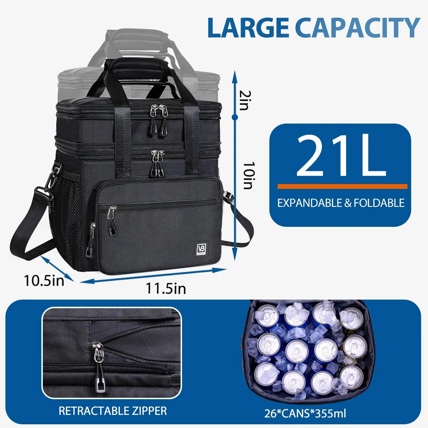 21L Double Deck Large Capacity Lunch Bag Leak-Proof Insulated Lunch Box for Men & Women Adults, Expandable Cooler Bag for Office Travel Picnic, Multi-Pocket Easy to Clean