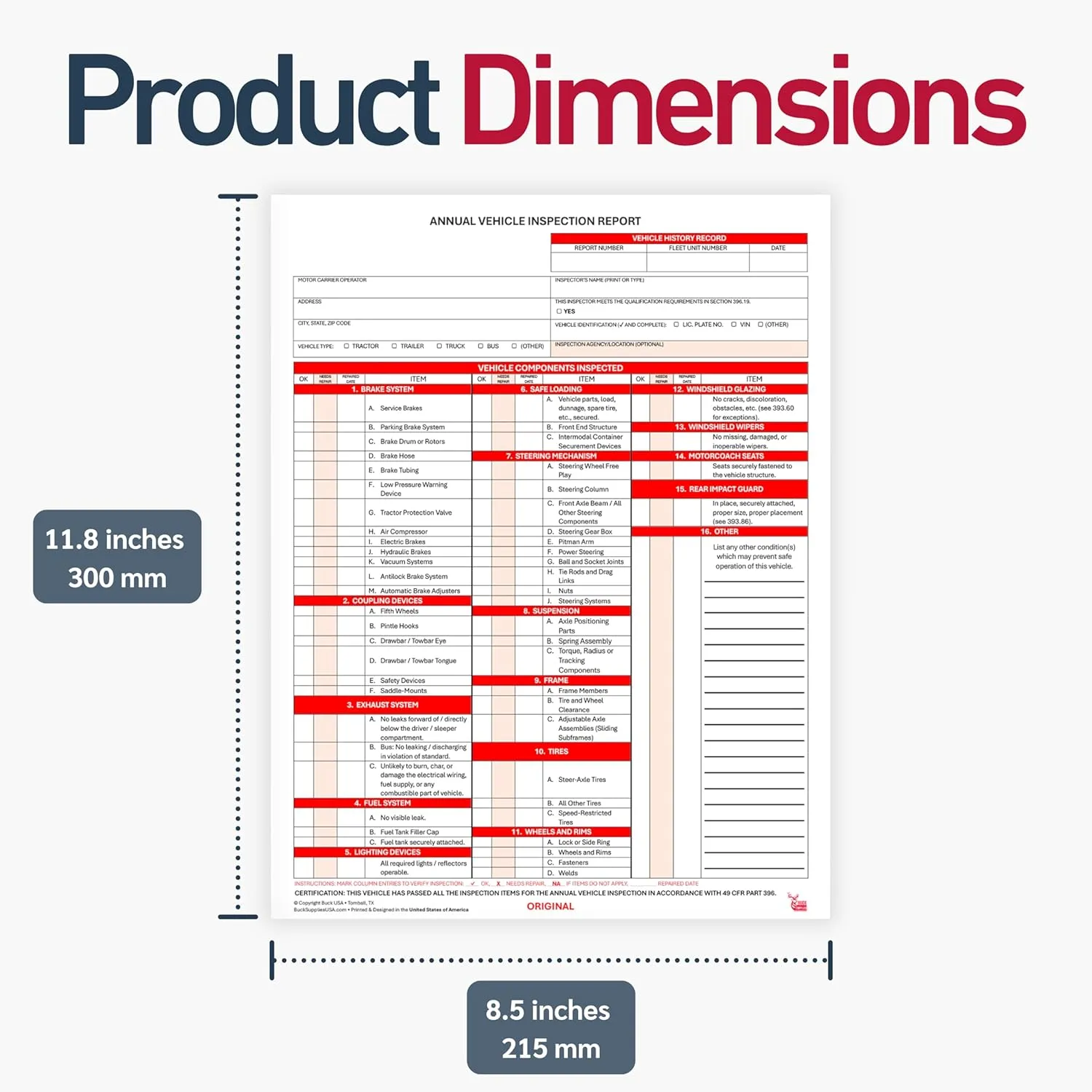 25 Pack Buck 3-Ply Carbonless Annual Vehicle Inspection Report Forms with Red Aluminum FMCSA Adhesive Labels with Punch Boxes, FMCSA & DOT Compliant, Shrinkwrapped Bundle, 8.5" x 11.8" - Made in USA