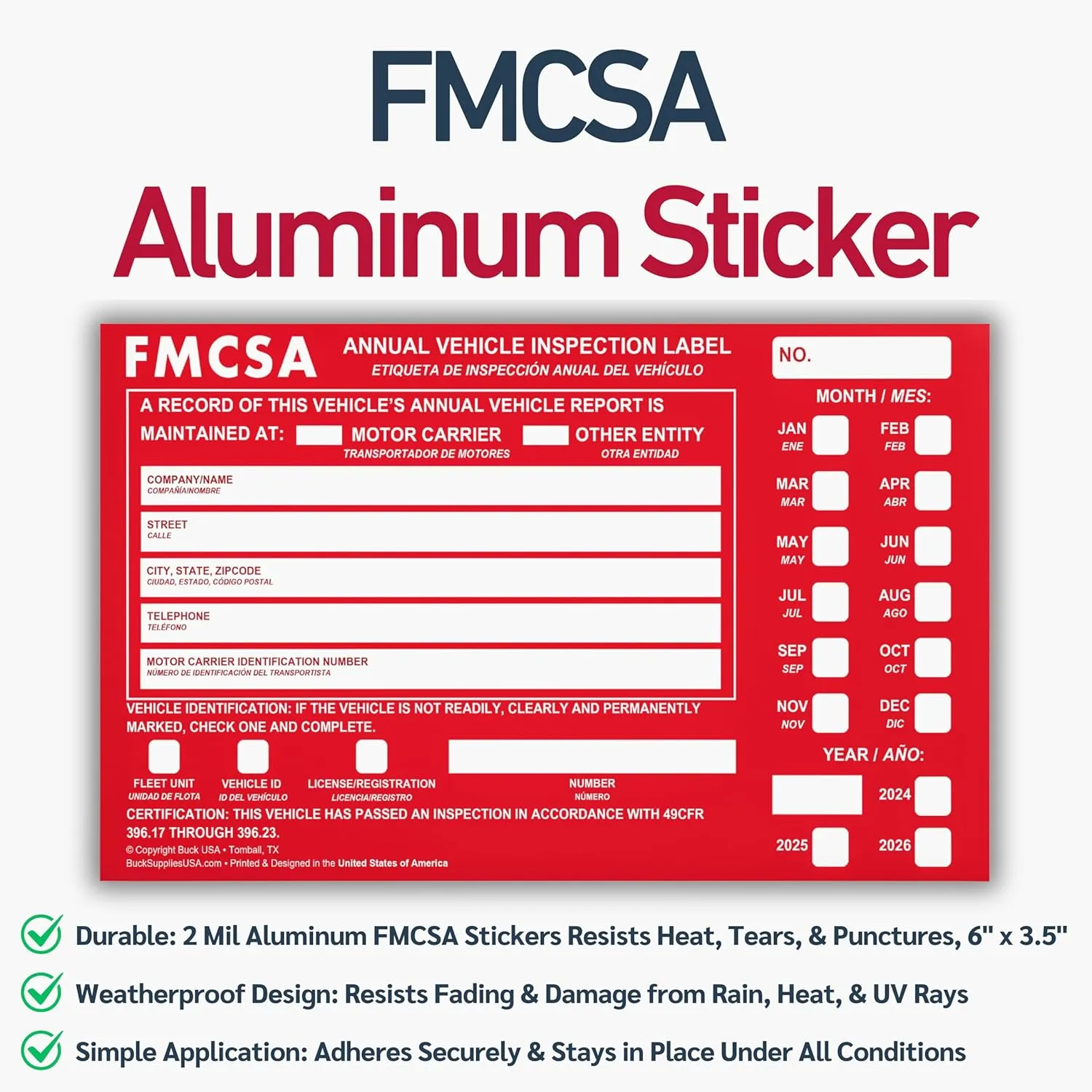 25 Pack Buck 3-Ply Carbonless Annual Vehicle Inspection Report Forms with Red Aluminum FMCSA Adhesive Labels with Punch Boxes, FMCSA & DOT Compliant, Shrinkwrapped Bundle, 8.5" x 11.8" - Made in USA