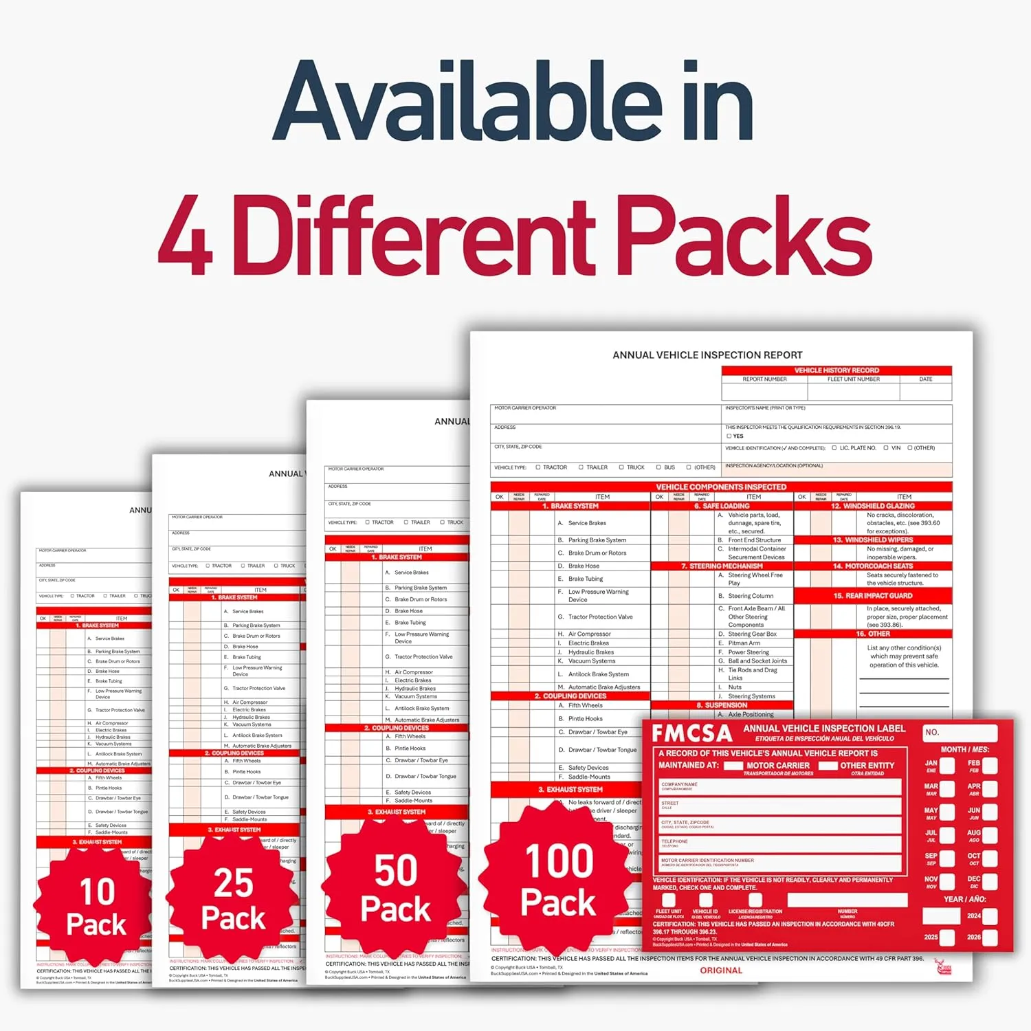 25 Pack Buck 3-Ply Carbonless Annual Vehicle Inspection Report Forms with Red Aluminum FMCSA Adhesive Labels with Punch Boxes, FMCSA & DOT Compliant, Shrinkwrapped Bundle, 8.5" x 11.8" - Made in USA