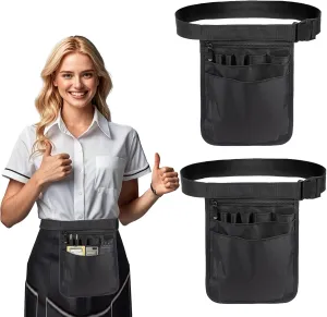 2pcs Server Apron, 9.84x7.32Inch Restaurant Waitress Accessories Bag Adjustable Belt Utility Waist Pack Multi Compartment for Restaurants, Gardening, Nursing (Black)