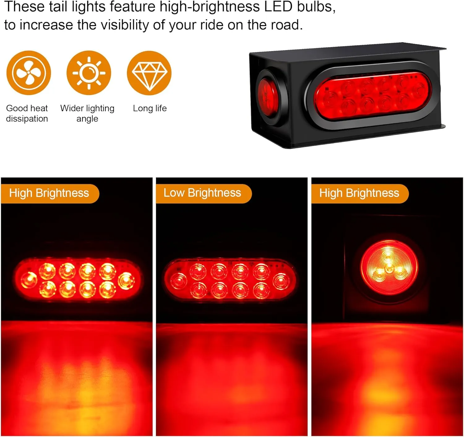 2PCS Steel Trailer Light Box Kit with 6" Oval Red 10-LED Tail Lights, Reverse Lights & 2" Round Red 4-LED Side Marker Lights, Includes Grommets & Wire Connectors