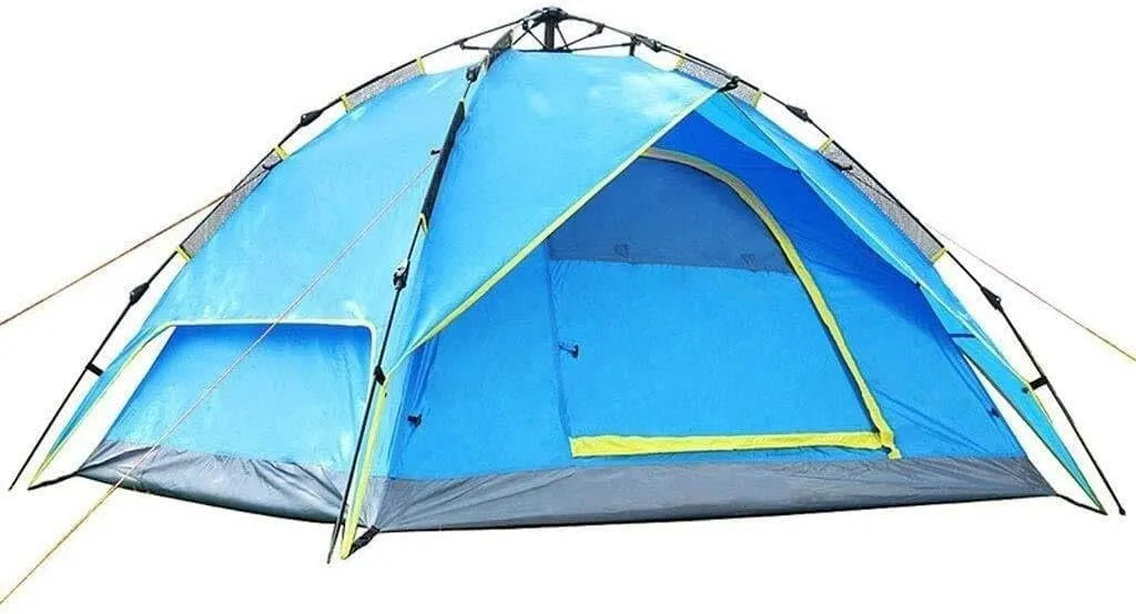 3-4 Person Windproof Family Tent, Portable Waterproof All-Season Tent with Ventilated Mesh Windows - Blue