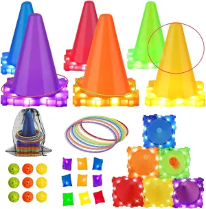 3-in-1 Carnival Games for Kids: Carnival Games with LED Lights Outdoor Toys for Toddlers Ring Toss Game, Bean Bag Toss Game, Soft Plastic Cones, Yard Lawn Game for Family Party