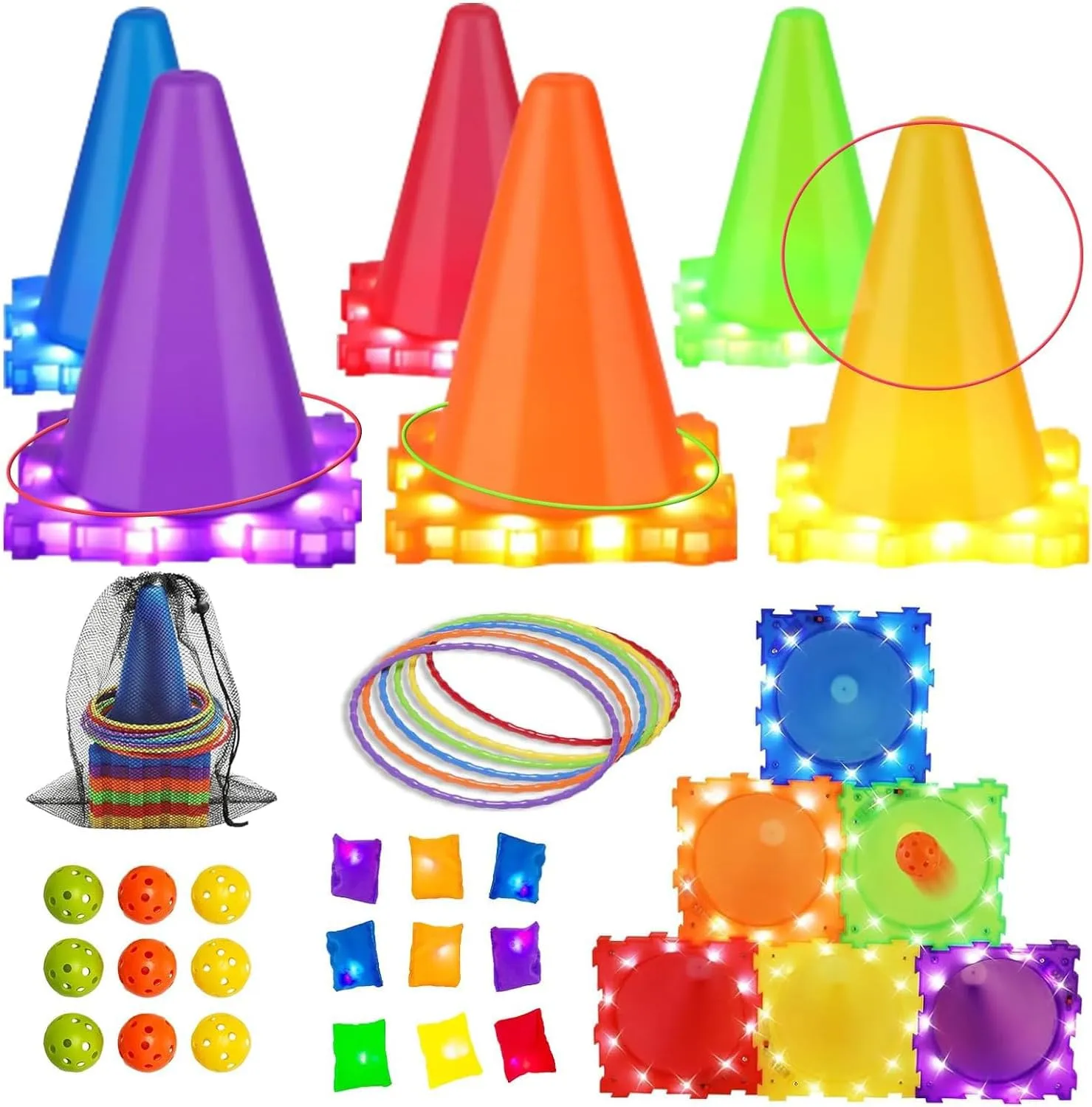 3-in-1 Carnival Games for Kids: Carnival Games with LED Lights Outdoor Toys for Toddlers Ring Toss Game, Bean Bag Toss Game, Soft Plastic Cones, Yard Lawn Game for Family Party