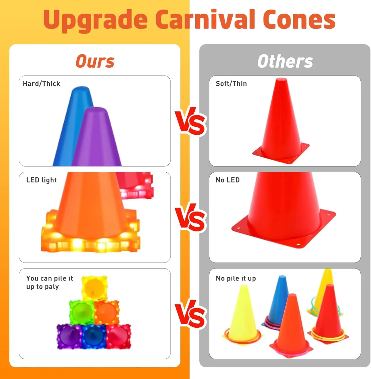 3-in-1 Carnival Games for Kids: Carnival Games with LED Lights Outdoor Toys for Toddlers Ring Toss Game, Bean Bag Toss Game, Soft Plastic Cones, Yard Lawn Game for Family Party