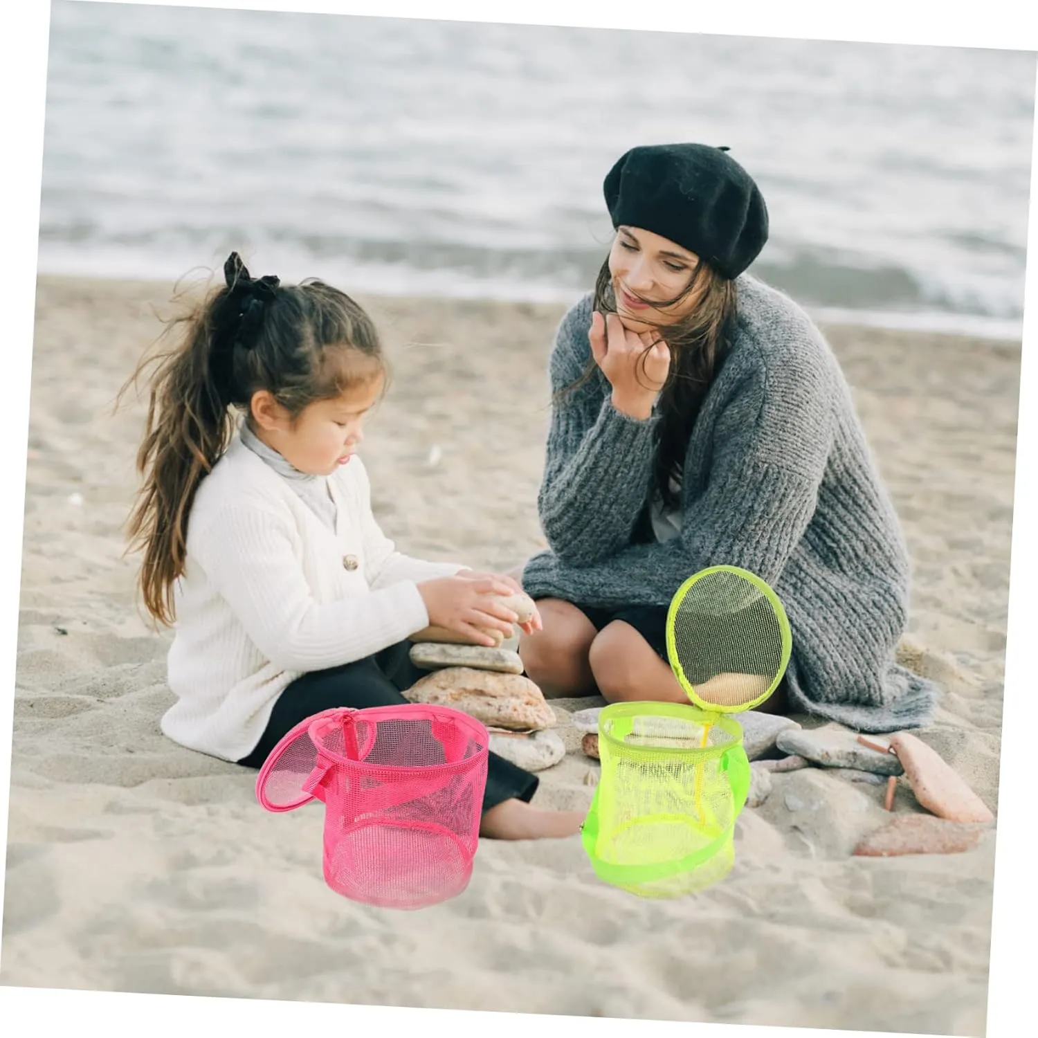 3-Pack Beach Storage Bags - Toddler Beach Toys Cage Mesh Shell Bags for Picking Up Shells, Snacks, Essentials - High Capacity PVC Child Essentials Backpack