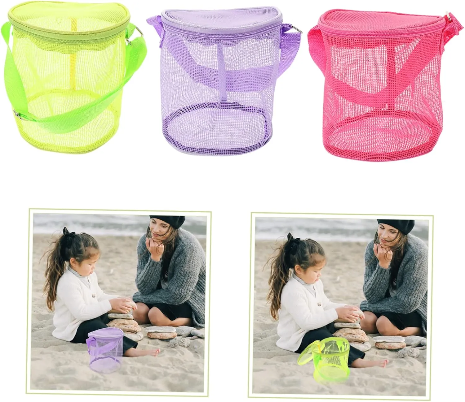 3-Pack Beach Storage Bags - Toddler Beach Toys Cage Mesh Shell Bags for Picking Up Shells, Snacks, Essentials - High Capacity PVC Child Essentials Backpack