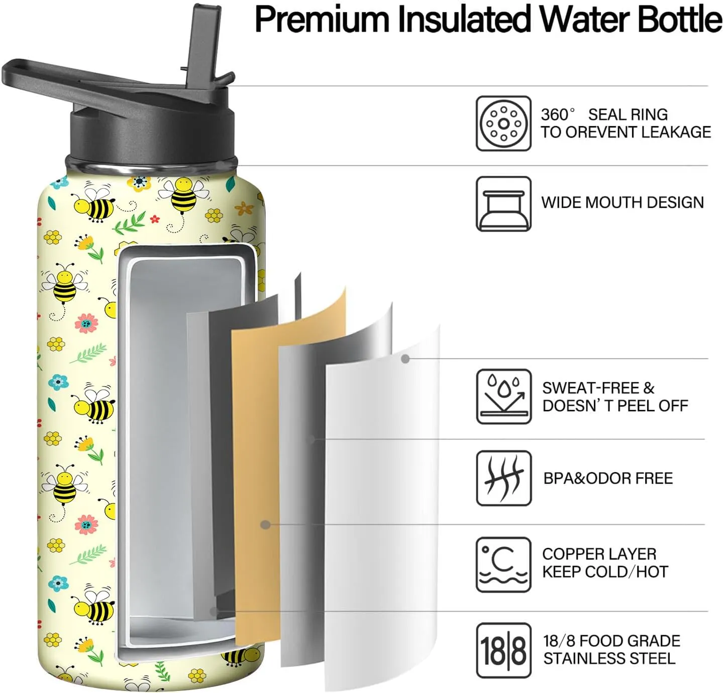32oz Bee Water Bottle with Handle and Flip Straw, Animal Sports Stainless Steel Insulated Cup Travel Coffee Mug Tumbler, Birthday Mothers Day Chritmas Gifts for Women