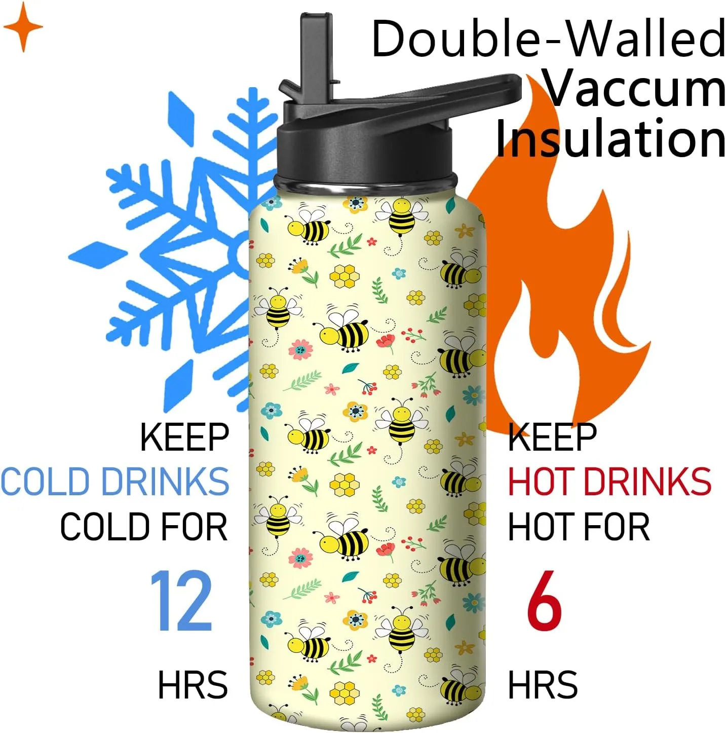 32oz Bee Water Bottle with Handle and Flip Straw, Animal Sports Stainless Steel Insulated Cup Travel Coffee Mug Tumbler, Birthday Mothers Day Chritmas Gifts for Women