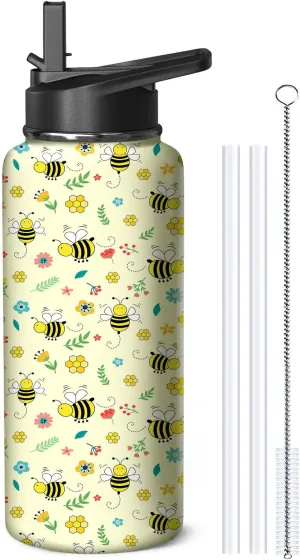 32oz Bee Water Bottle with Handle and Flip Straw, Animal Sports Stainless Steel Insulated Cup Travel Coffee Mug Tumbler, Birthday Mothers Day Chritmas Gifts for Women