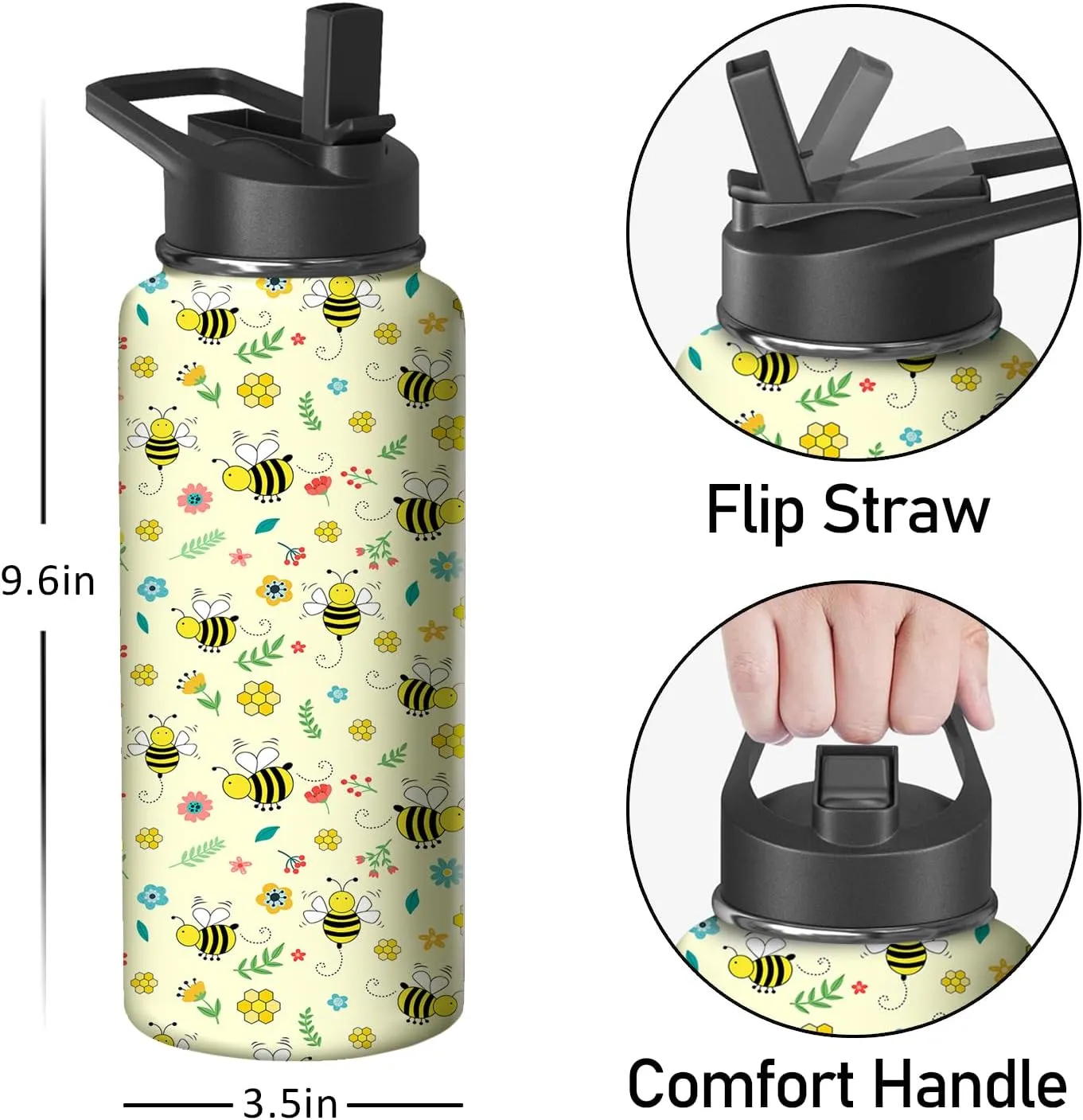 32oz Bee Water Bottle with Handle and Flip Straw, Animal Sports Stainless Steel Insulated Cup Travel Coffee Mug Tumbler, Birthday Mothers Day Chritmas Gifts for Women