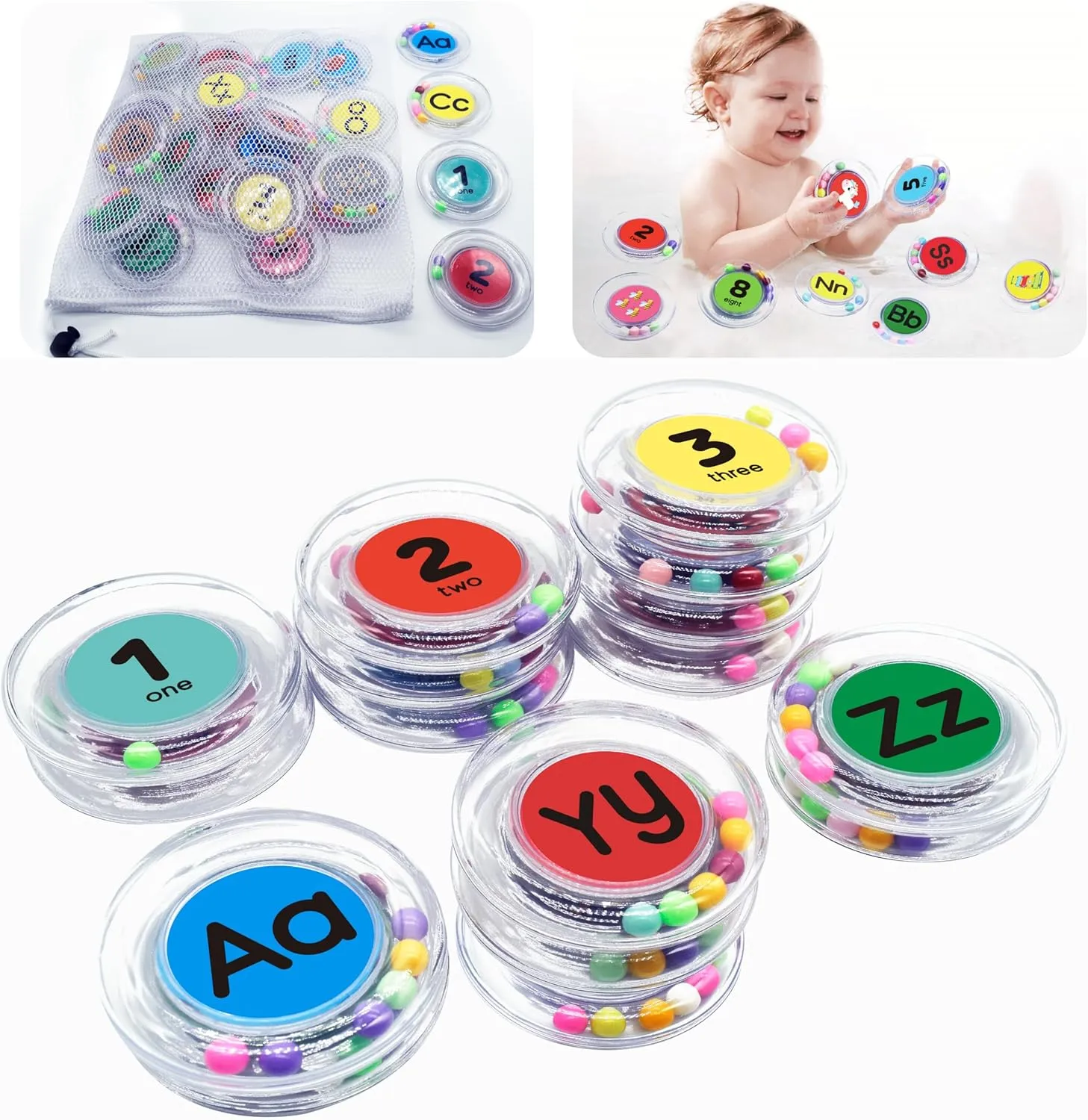 36pcs Letters & Numbers Floating Alphabet Bath Toys Rings - 26 Letters & 10 Numbers Mold Free Bathtub Toys Water Pool Set with Mesh Bag for Kids Babies Toddlers - ABC Learning Educational Gifts