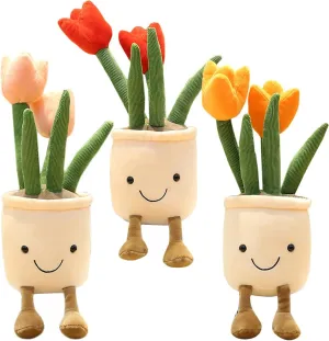 3pcs Tulip Plush Toy, Cute Tulip Plushies, Stuffed Potted Plants Plush Doll, Soft Plush Succulent Gifts for Kids Boys (Red Orange Pink)