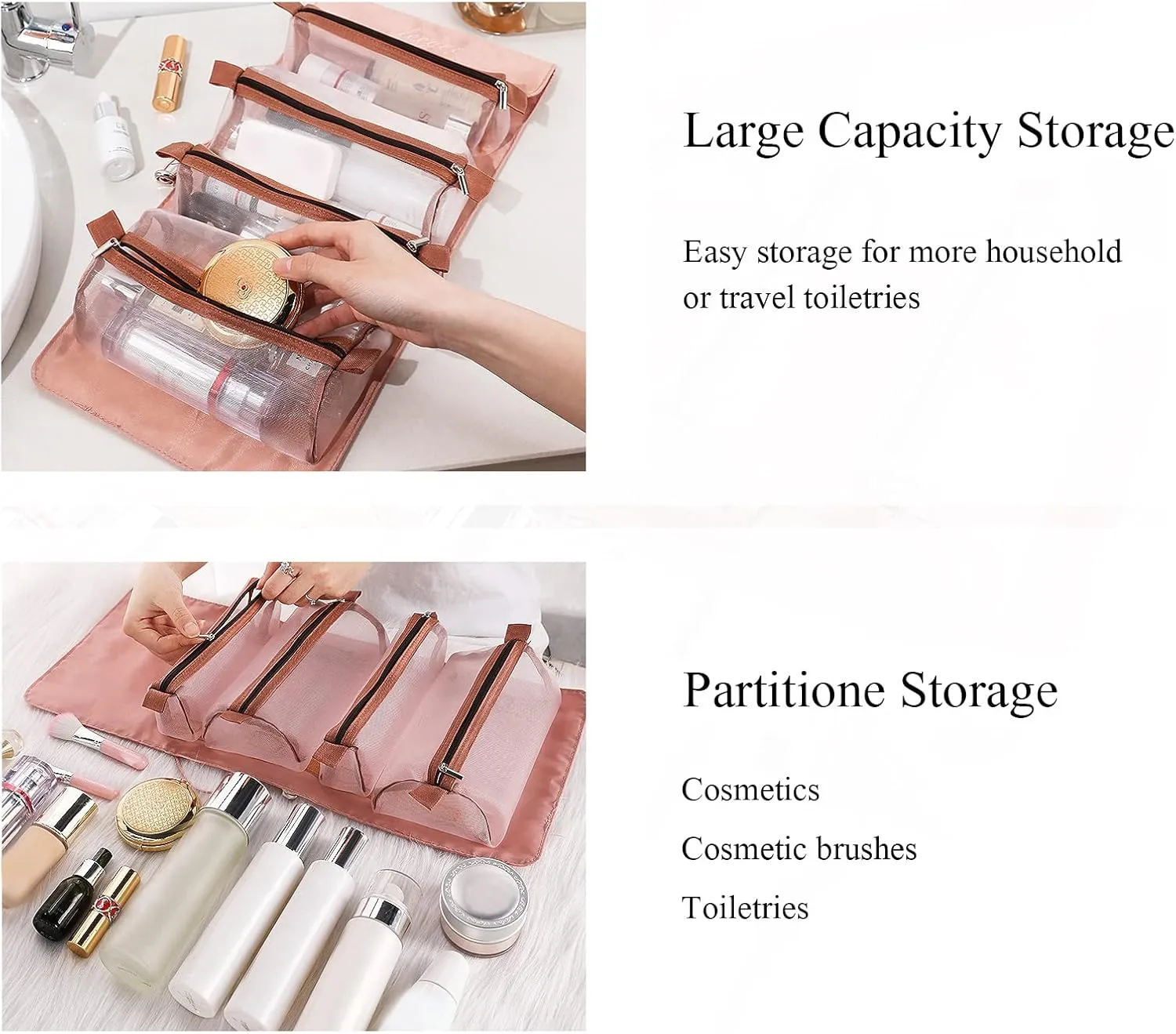 4 In 1 Detachable Toiletry Bag Hanging Roll-Up Makeup Bag Large Capacity Travel Wash Bag Mesh Cosmetic Bag Portable Foldable Toiletry Bag Waterproof Cosmetic Organizer Bag For Travel Daily
