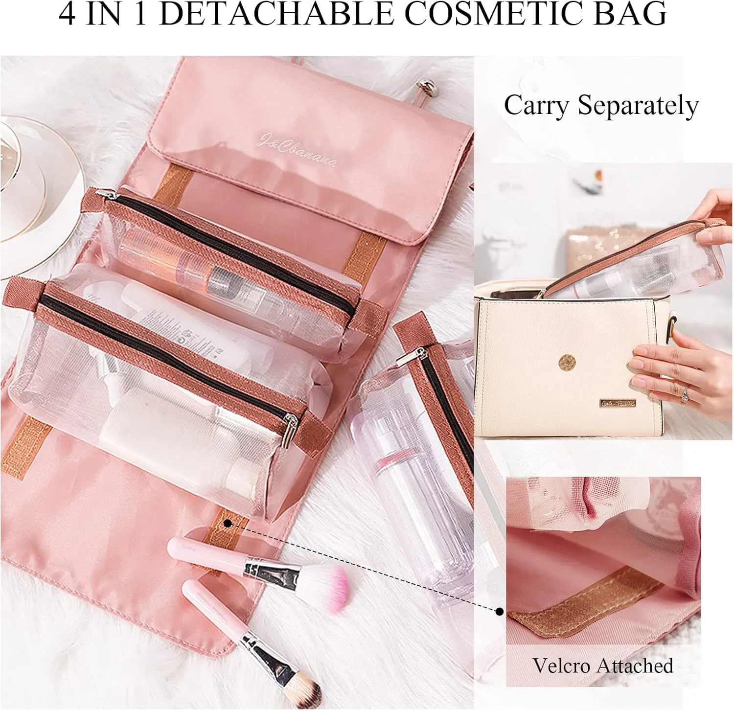 4 In 1 Detachable Toiletry Bag Hanging Roll-Up Makeup Bag Large Capacity Travel Wash Bag Mesh Cosmetic Bag Portable Foldable Toiletry Bag Waterproof Cosmetic Organizer Bag For Travel Daily