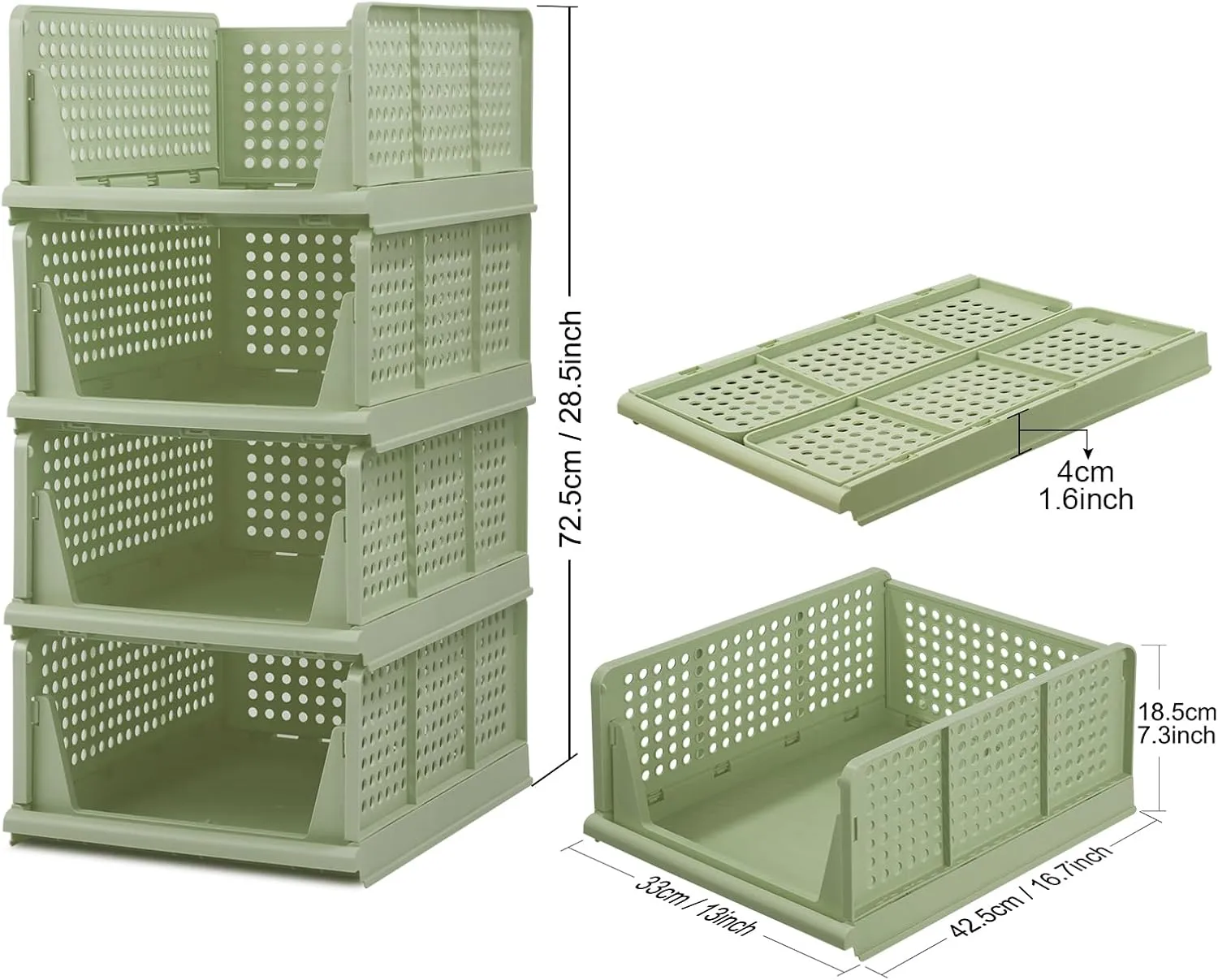 4-Pack Folding Wardrobe Storage Box Plastic Drawer Organizer Stackable Shelf Baskets Cloth Closet Container Bin Cube Home Office Bedroom Laundry Drawer Dividers for Clothes Toy Organization (Green)