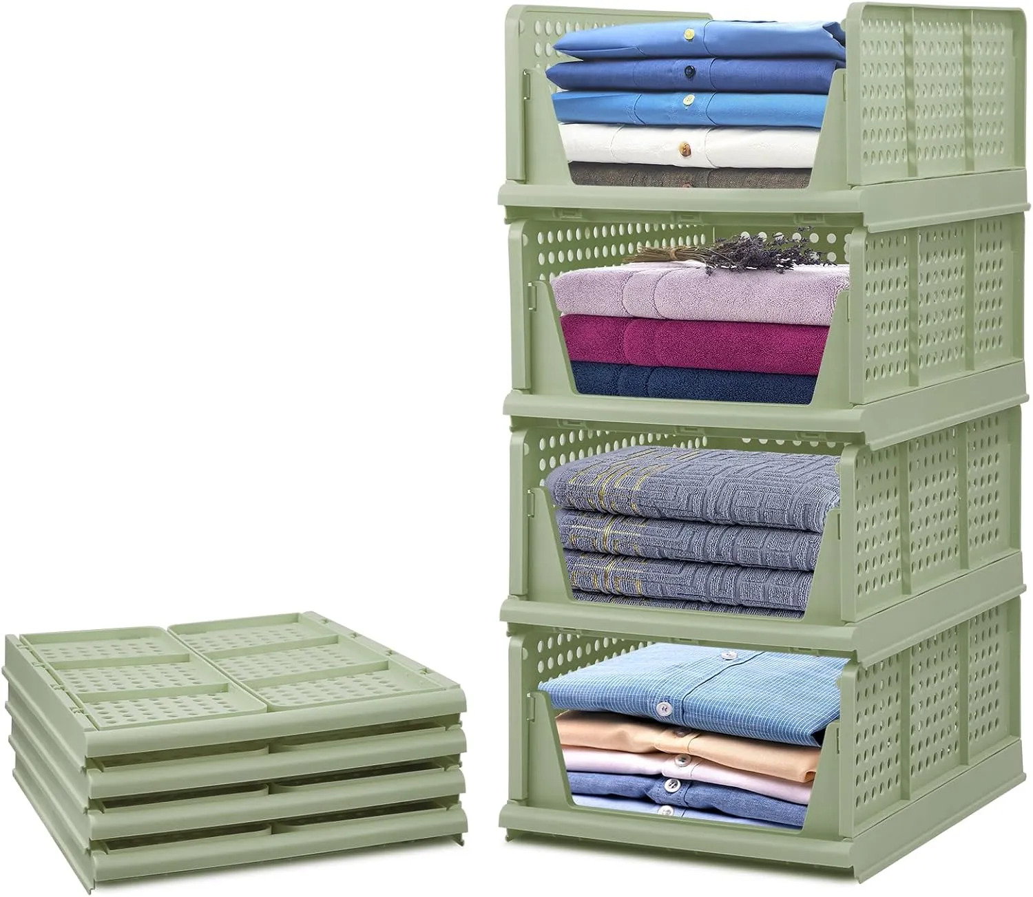 4-Pack Folding Wardrobe Storage Box Plastic Drawer Organizer Stackable Shelf Baskets Cloth Closet Container Bin Cube Home Office Bedroom Laundry Drawer Dividers for Clothes Toy Organization (Green)