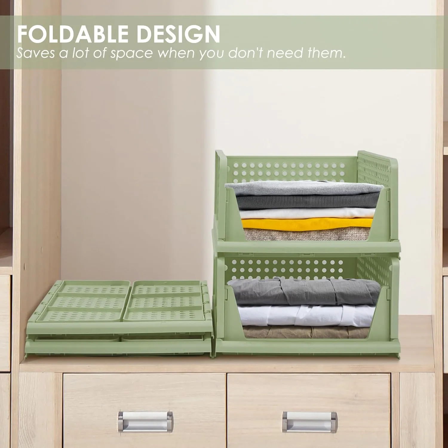 4-Pack Folding Wardrobe Storage Box Plastic Drawer Organizer Stackable Shelf Baskets Cloth Closet Container Bin Cube Home Office Bedroom Laundry Drawer Dividers for Clothes Toy Organization (Green)