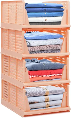 4-Pack Folding Wardrobe Storage Box Plastic Drawer Organizer Stackable Shelf Baskets Cloth Closet Container Bin Cube Home Office Bedroom Laundry Drawer Dividers for Clothes Toy Organization (Pink)