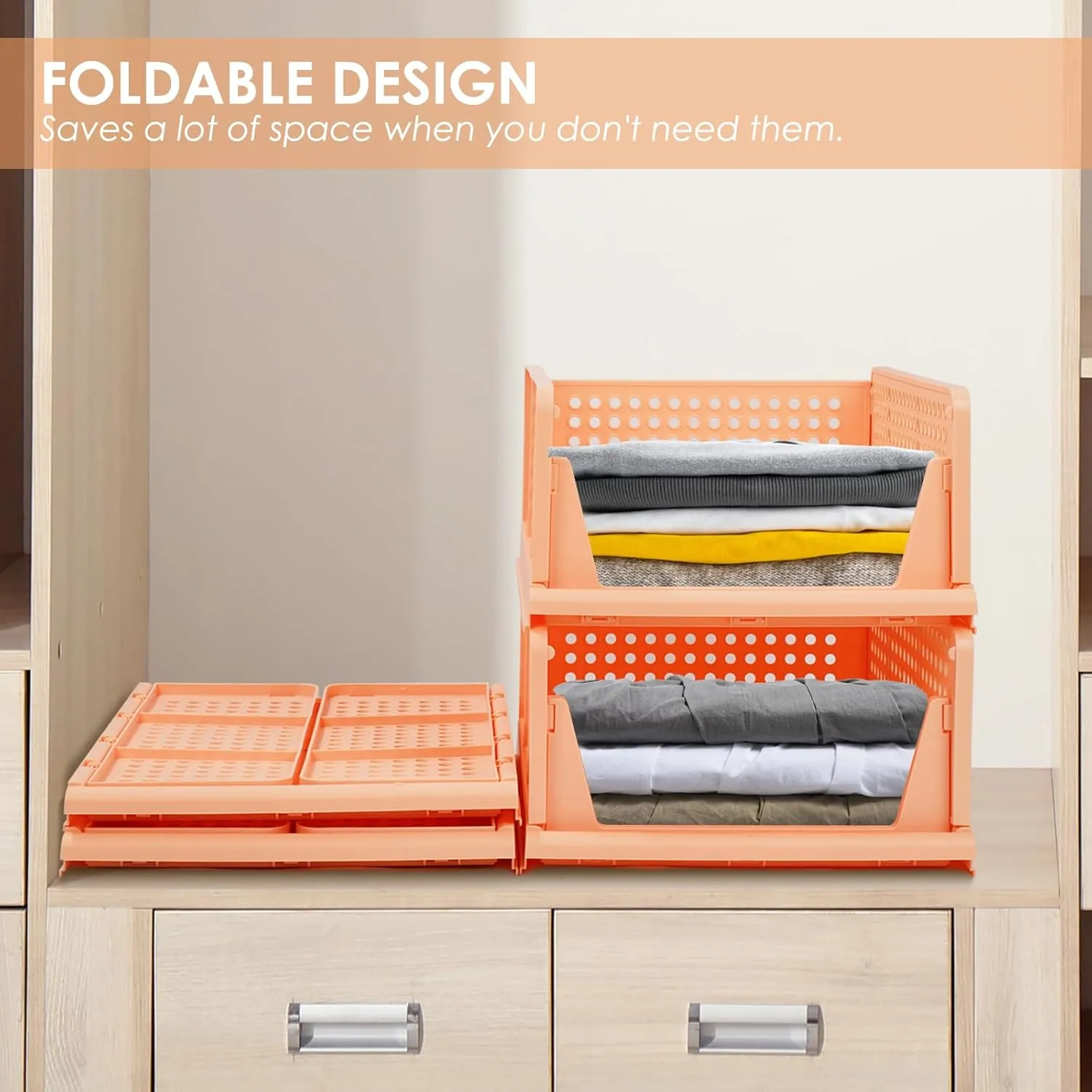 4-Pack Folding Wardrobe Storage Box Plastic Drawer Organizer Stackable Shelf Baskets Cloth Closet Container Bin Cube Home Office Bedroom Laundry Drawer Dividers for Clothes Toy Organization (Pink)