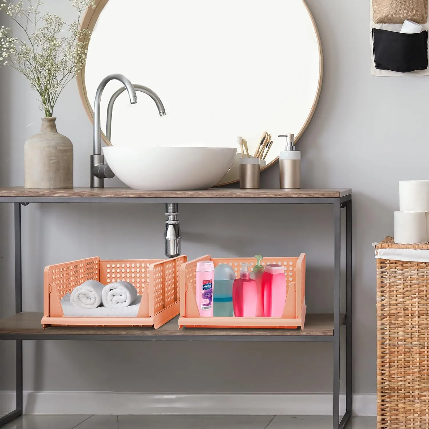 4-Pack Folding Wardrobe Storage Box Plastic Drawer Organizer Stackable Shelf Baskets Cloth Closet Container Bin Cube Home Office Bedroom Laundry Drawer Dividers for Clothes Toy Organization (Pink)