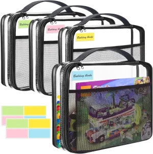 4 Pack PVC Toy Blocks Storage Bags with Zipper,12.2 * 9.84 * 2.36in Toy Organizer Bags with Mesh Pockets Name Tag,Waterproof Travel Toy Bags for Board Games,Building Blocks,Puzzles,Kids Books