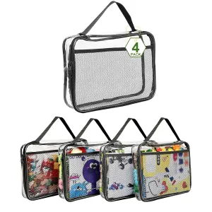 4 Pack PVC Toy Zippered Blocks, 13.3"x3" x10.4" Travel Storage Case Bags for Organizing, Waterproof Toy Storage Bags with Mesh Pockets for Building Blocks, Puzzles, Clays,Toy Cars