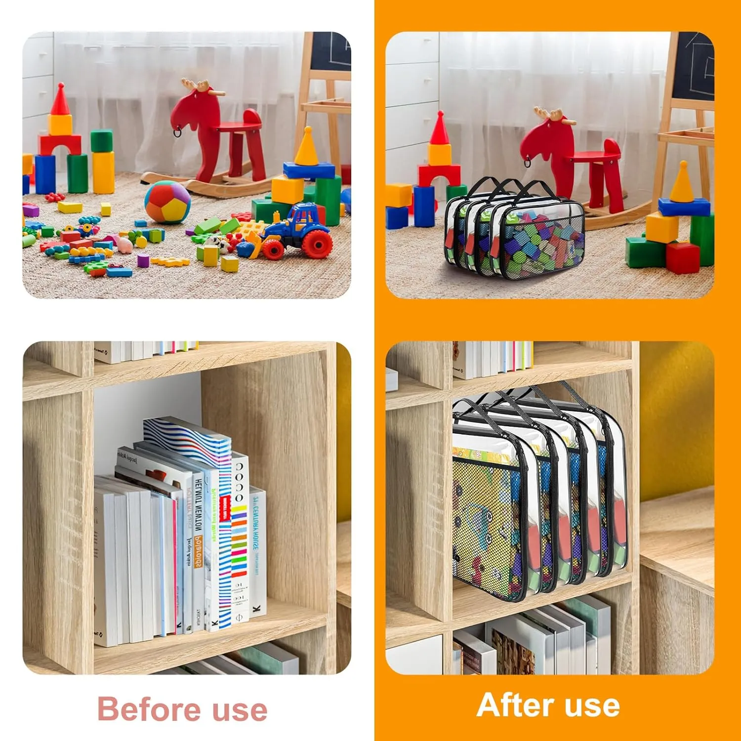 4 Pack PVC Toy Zippered Blocks, 13.3"x3" x10.4" Travel Storage Case Bags for Organizing, Waterproof Toy Storage Bags with Mesh Pockets for Building Blocks, Puzzles, Clays,Toy Cars