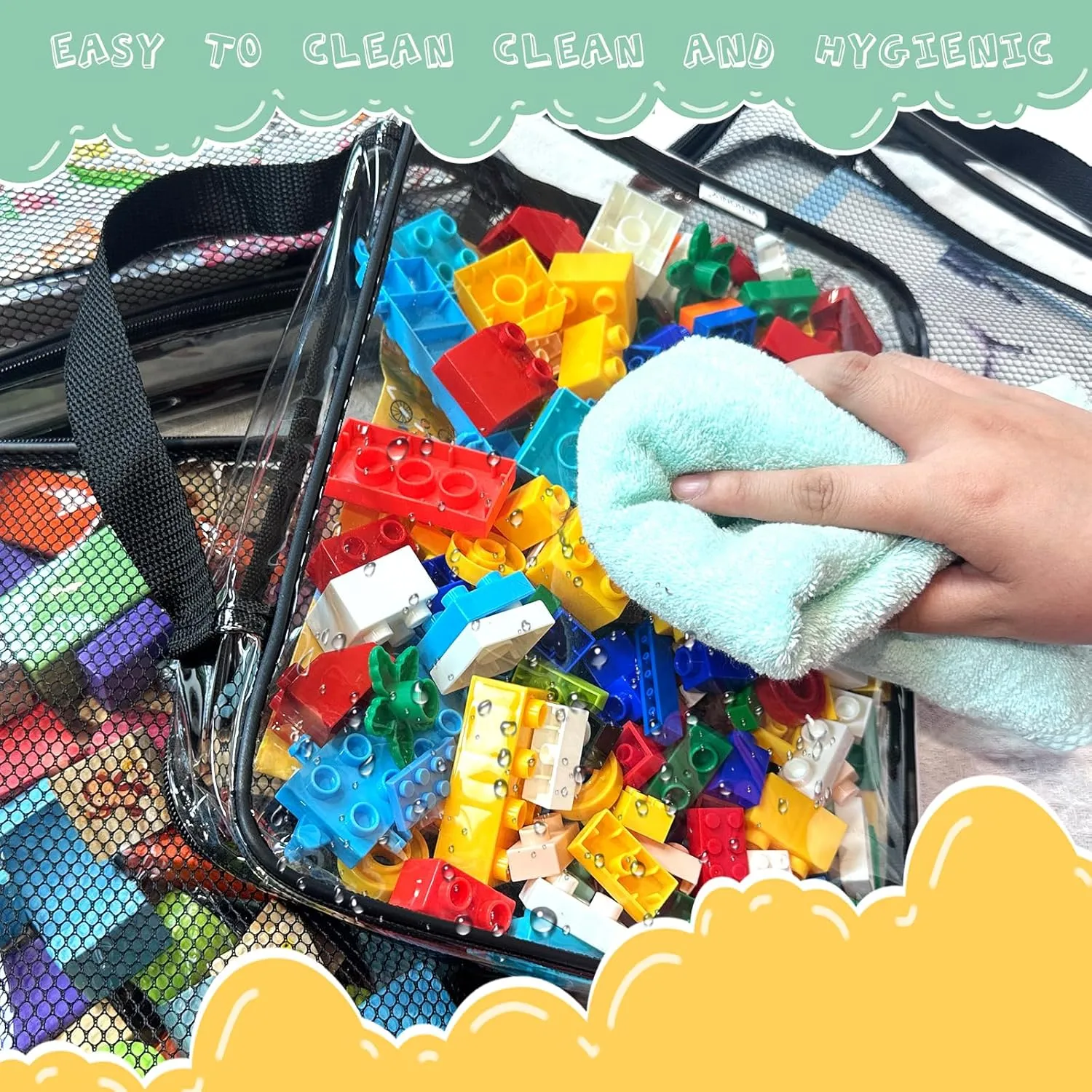 4 Pack PVC Toy Zippered Blocks, 13.3"x3" x10.4" Travel Storage Case Bags for Organizing, Waterproof Toy Storage Bags with Mesh Pockets for Building Blocks, Puzzles, Clays,Toy Cars