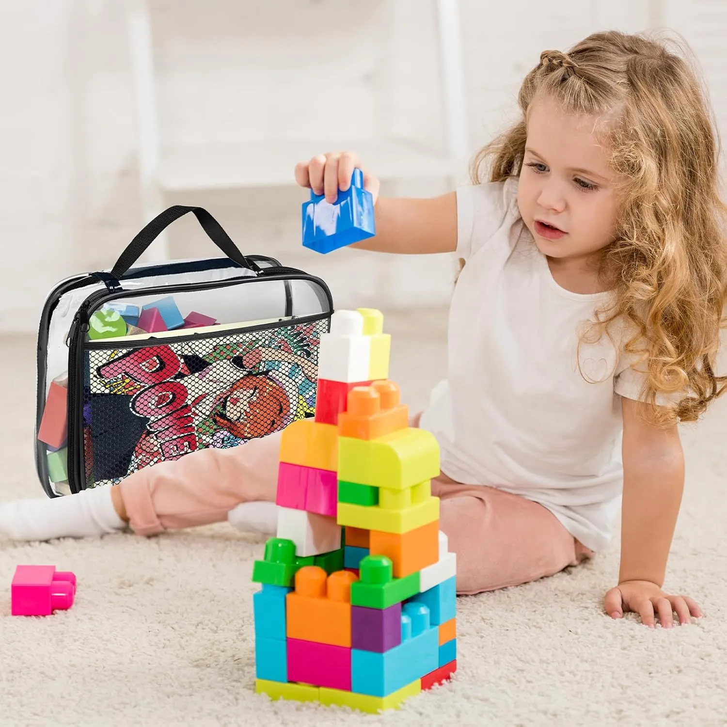 4 Pack PVC Toy Zippered Blocks, 13.3"x3" x10.4" Travel Storage Case Bags for Organizing, Waterproof Toy Storage Bags with Mesh Pockets for Building Blocks, Puzzles, Clays,Toy Cars