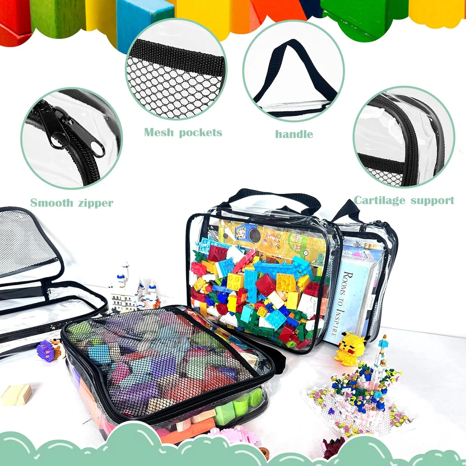4 Pack PVC Toy Zippered Blocks, 13.3"x3" x10.4" Travel Storage Case Bags for Organizing, Waterproof Toy Storage Bags with Mesh Pockets for Building Blocks, Puzzles, Clays,Toy Cars