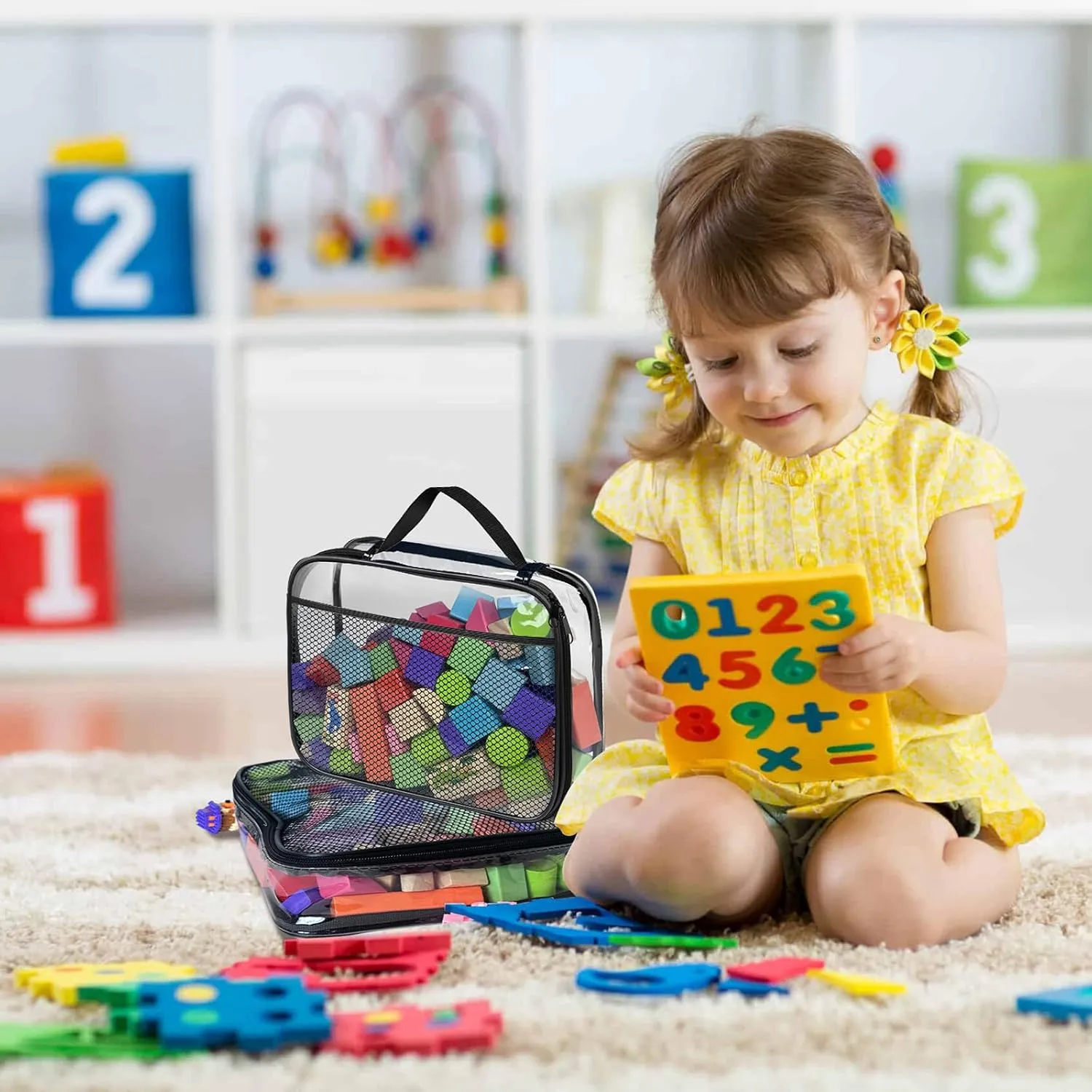 4 Pack PVC Toy Zippered Blocks, 13.3"x3" x10.4" Travel Storage Case Bags for Organizing, Waterproof Toy Storage Bags with Mesh Pockets for Building Blocks, Puzzles, Clays,Toy Cars
