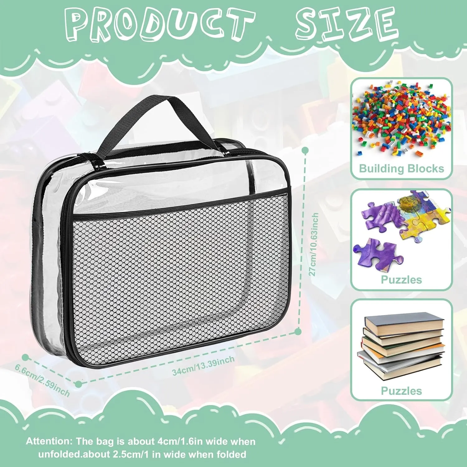 4 Pack PVC Toy Zippered Blocks, 13.3"x3" x10.4" Travel Storage Case Bags for Organizing, Waterproof Toy Storage Bags with Mesh Pockets for Building Blocks, Puzzles, Clays,Toy Cars