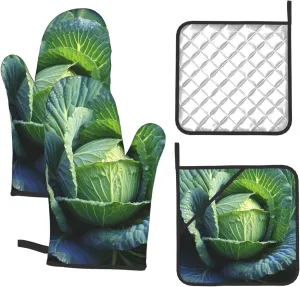 4 pcs Oven Mitts and Pot Holders Set Bright Cabbage Oven Mitt Heat Resistant Oven Gloves for Cooking Non-Slip Hot Pads Washable Cooking Gloves for Baking BBQ Microwave