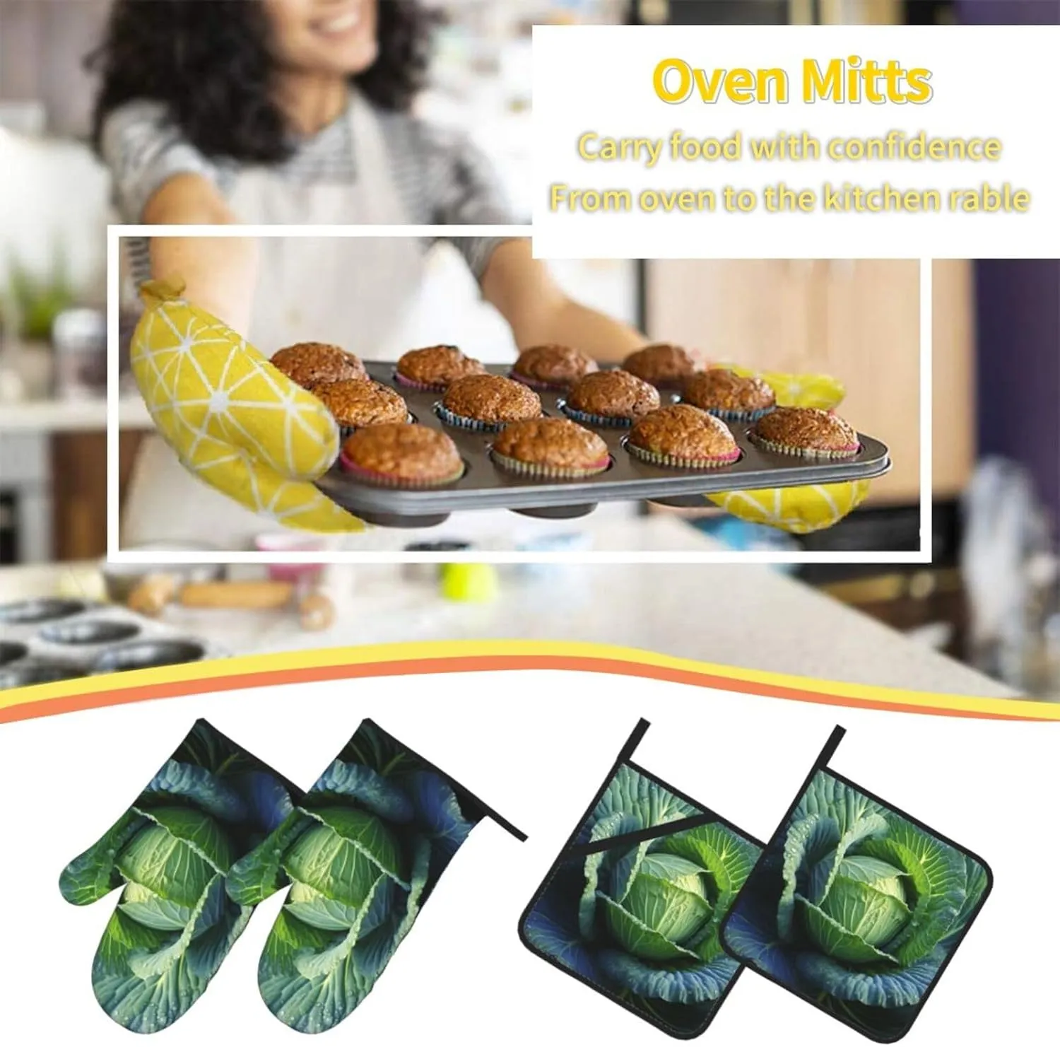 4 pcs Oven Mitts and Pot Holders Set Bright Cabbage Oven Mitt Heat Resistant Oven Gloves for Cooking Non-Slip Hot Pads Washable Cooking Gloves for Baking BBQ Microwave